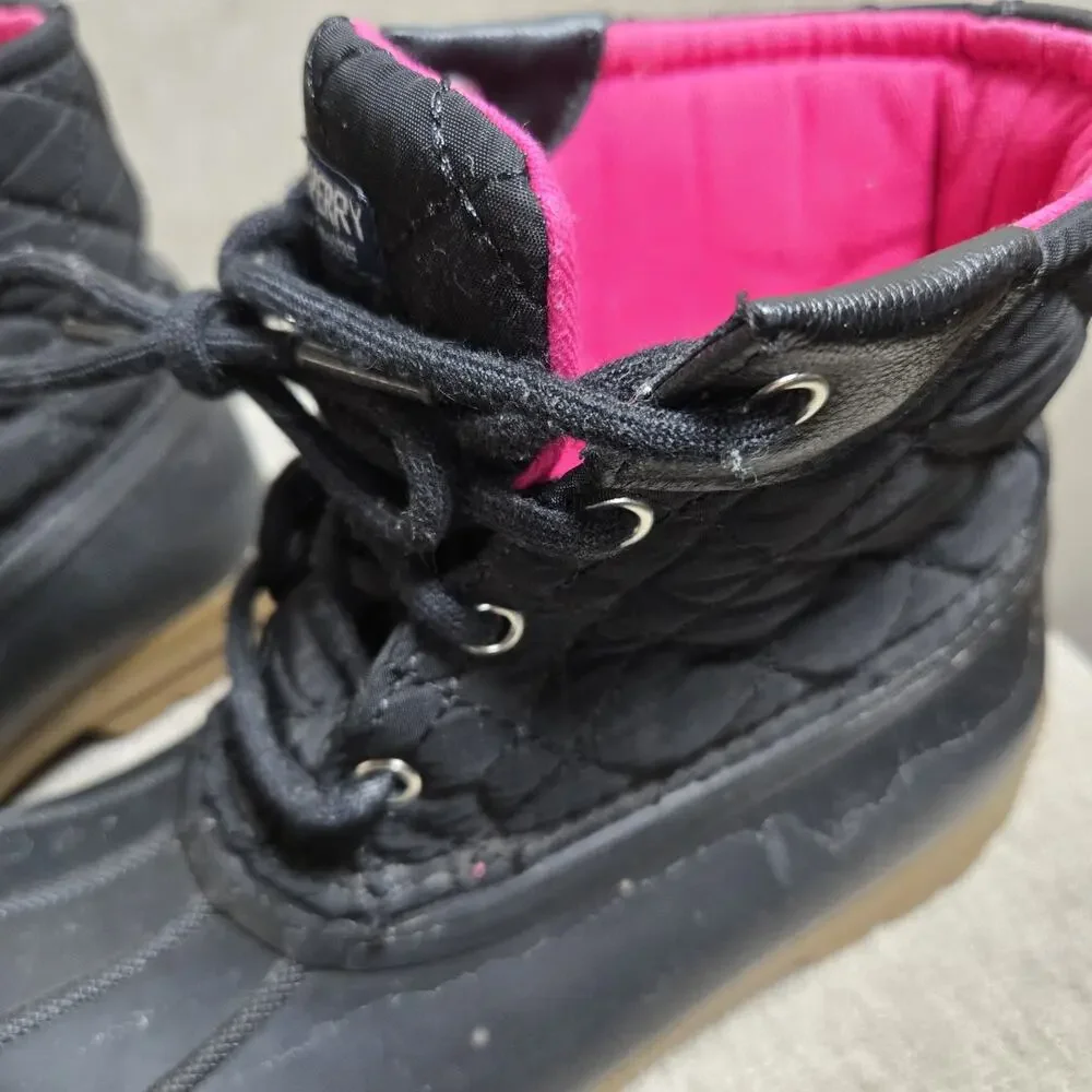 Sperry Port Duck Boots Kids Size 2 Black /Pink Waterproof Lined Rain Snow Play
